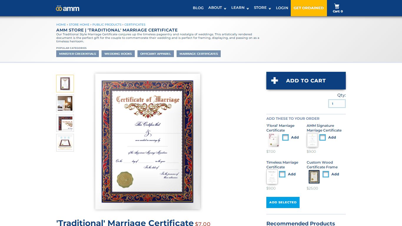 'Traditional' Marriage Certificate - American Marriage Ministries