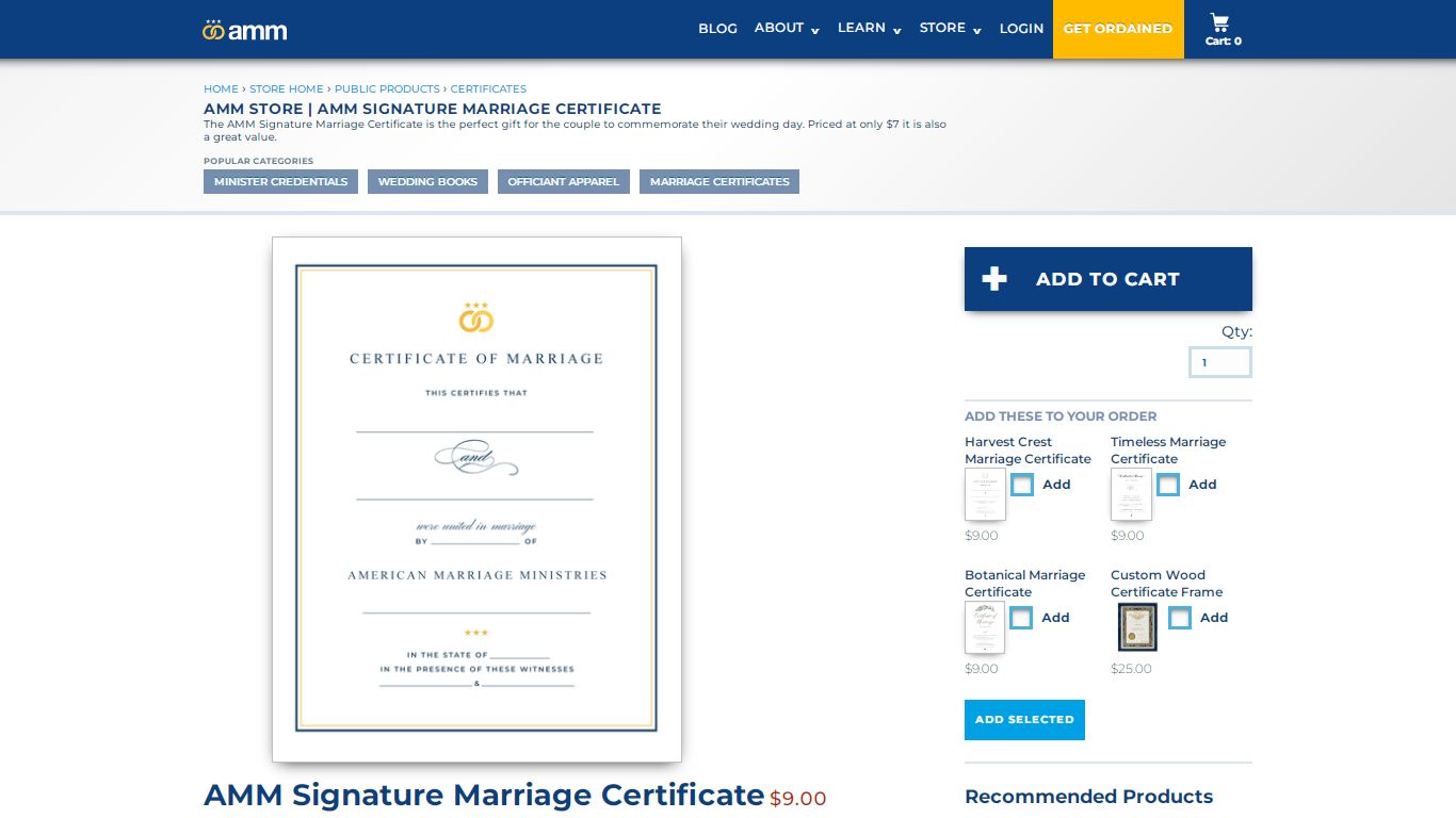 AMM Signature Marriage Certificate - American Marriage Ministries