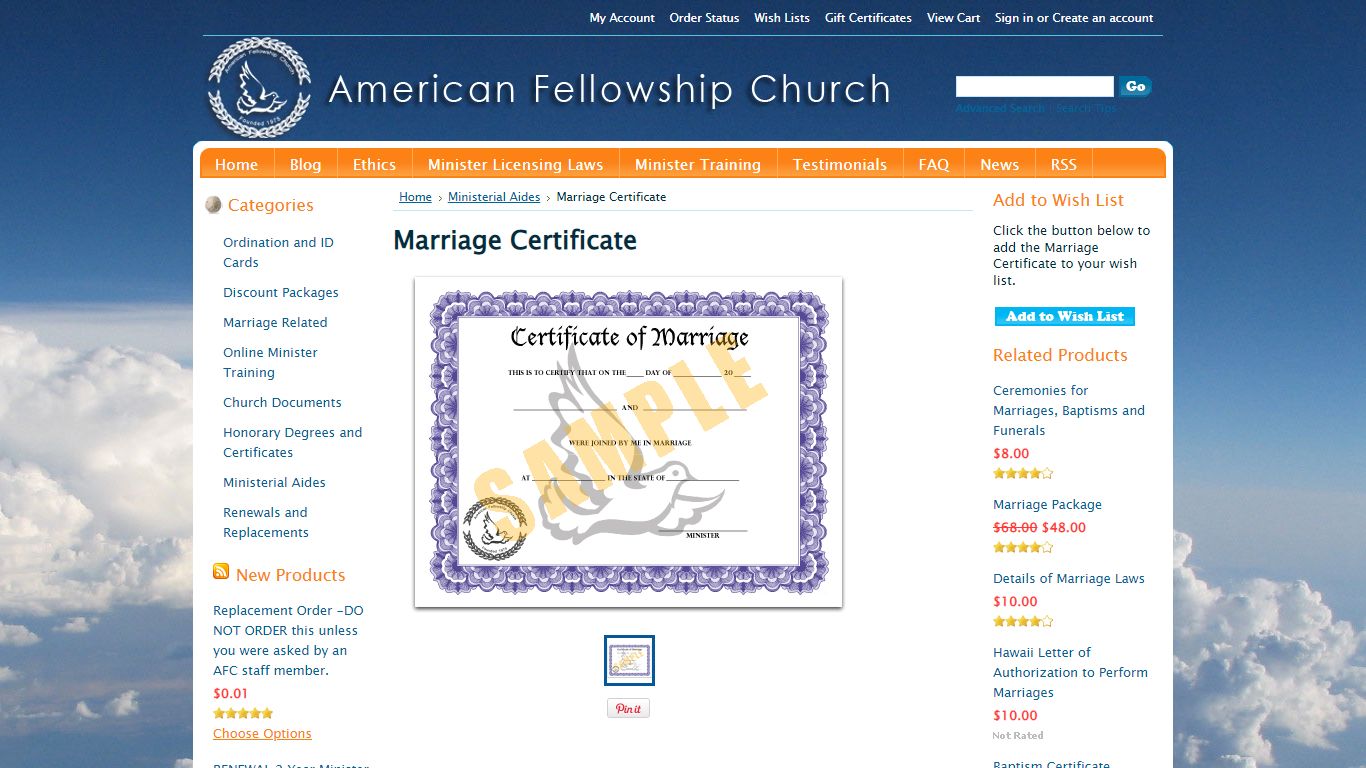 Marriage Certificate - American Fellowship Church